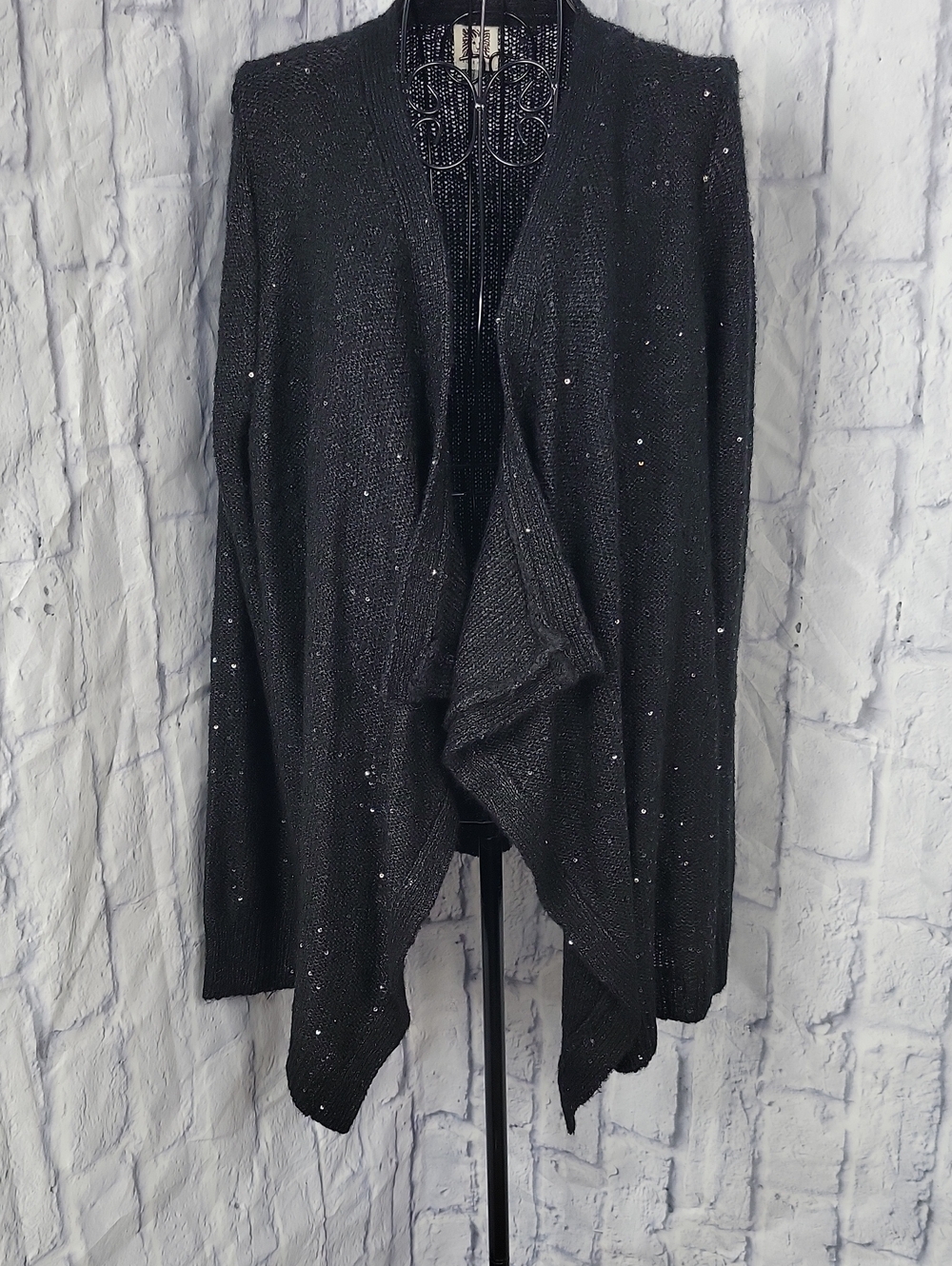 Anne Klein‎ XL Black Sequin Open Front Cardigan Drape Sweater Lightweight